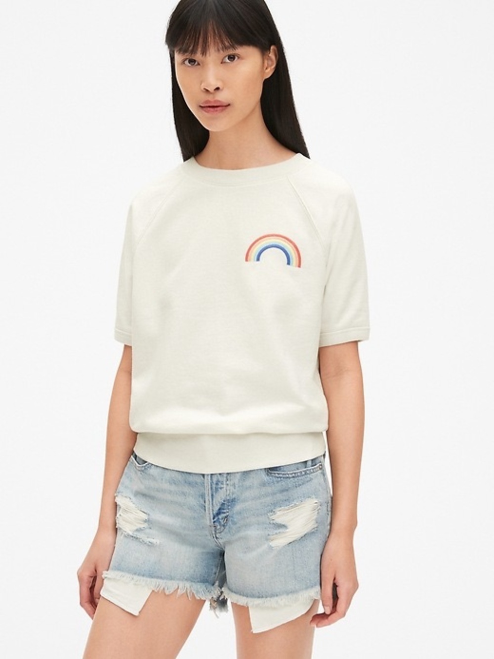 GAP Cream Short Sleeve Crewneck with Rainbow Embroidery